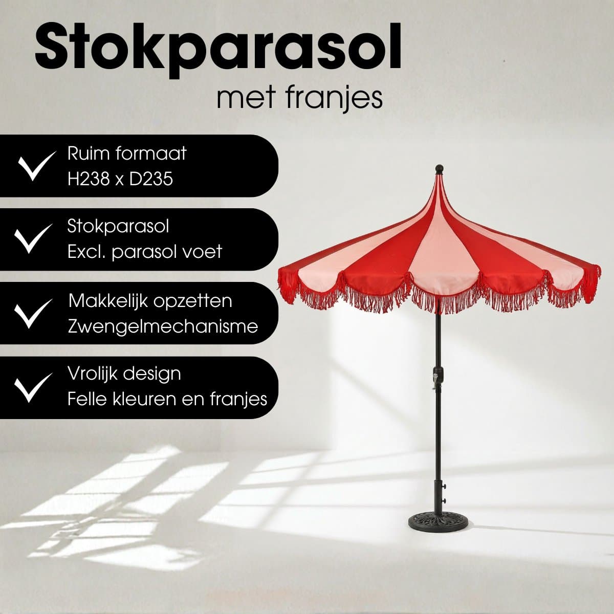 Mica Decorations Kim Gestreepte Parasol met Draagtas - Stokparasol 238 x Ø235 cm - Tuin of Balkonparasol - Polyester, Staal - Rood thumbnail 2