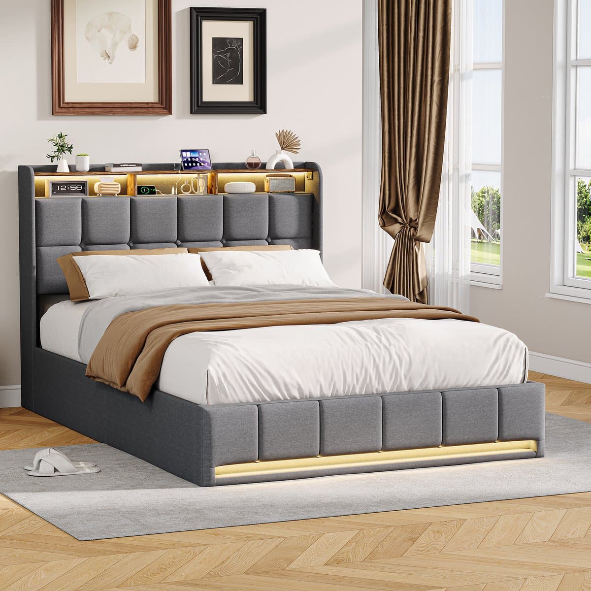 Opbergbed 160x200 cm Grijs – Linnen Tweepersoonsbed met Gasveer, LED Hoofd- & Voetbord, USB/Type-C thumbnail 6