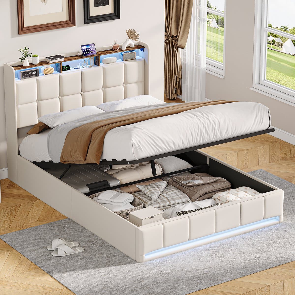 Opbergbed 160x200 cm Beige – Gestoffeerd Tweepersoonsbed met Gasveer, LED Hoofd- en Voetbord, USB/Type-C Oplaadpoort – Linnen Bedframe thumbnail 4