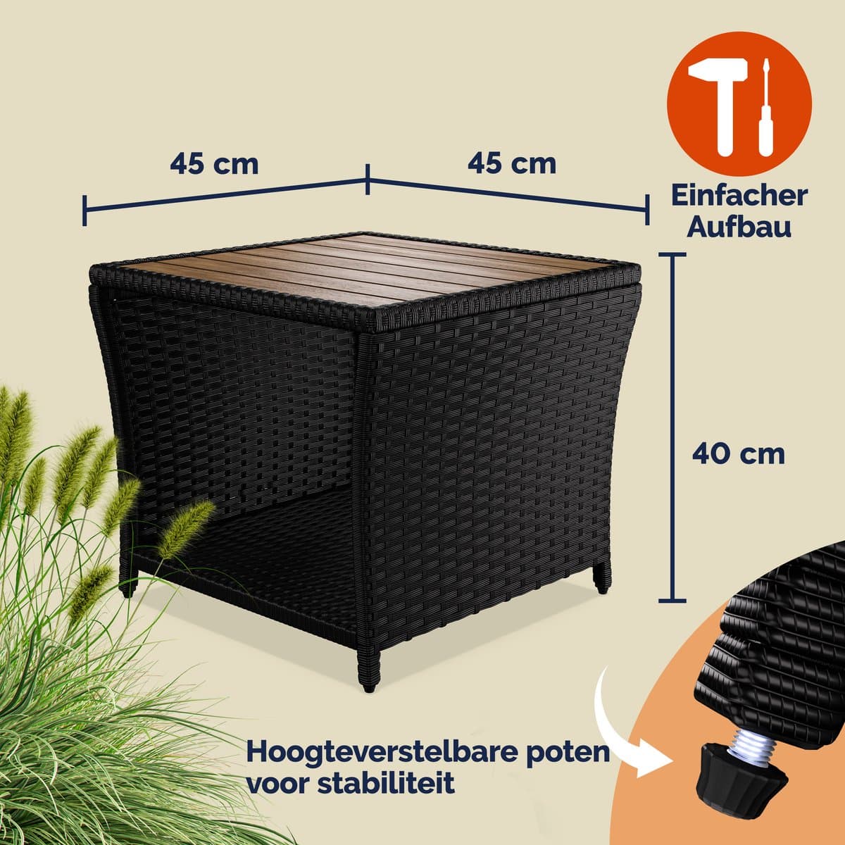Casaria Bijzettafel - Polyrattan Vierkant 45x45x40cm - Zwart thumbnail 2
