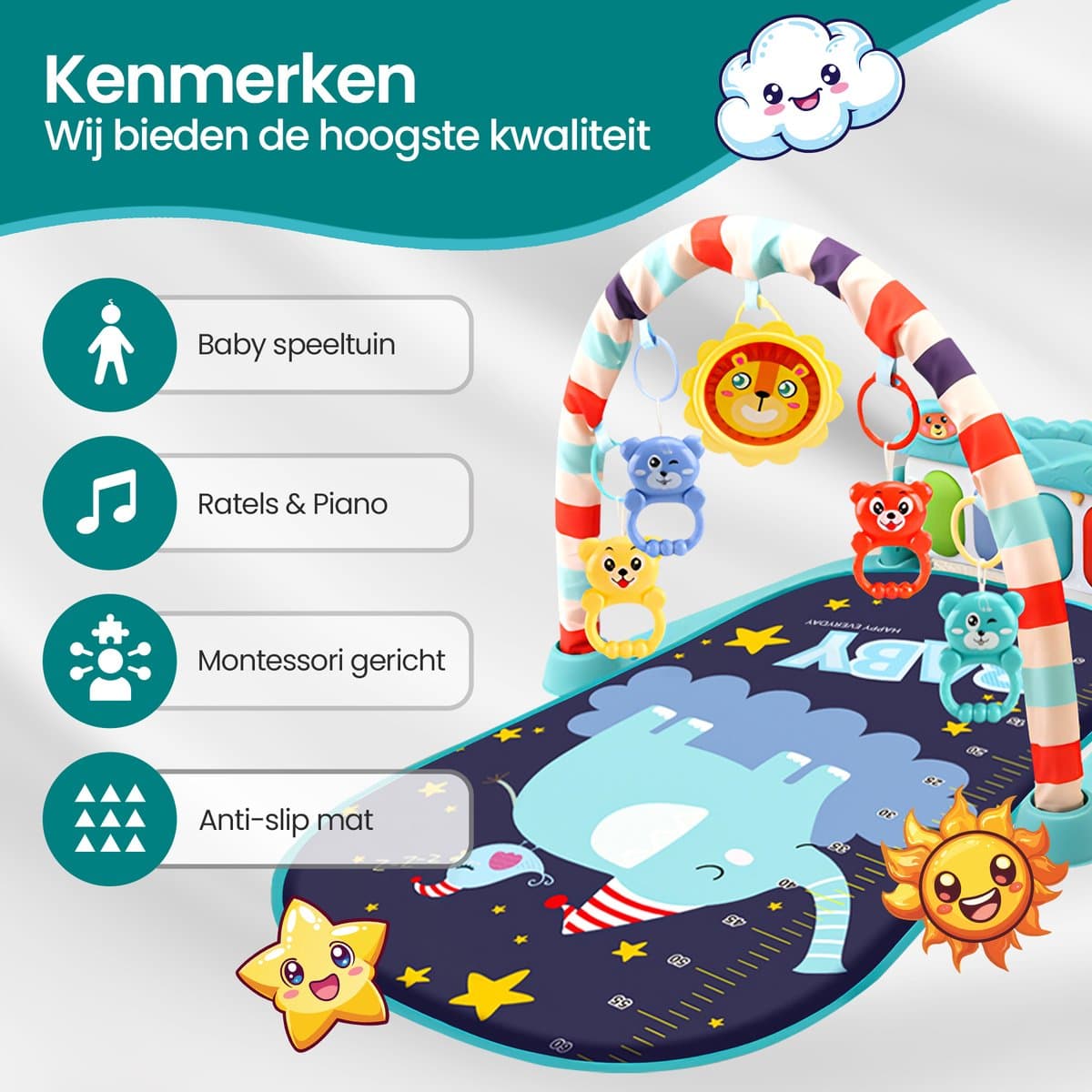 Velox Goods VL-504 Baby Gym met Fitness Piano – Speelkleed voor Baby's vanaf 3 Maanden – Educatief Activiteitencentrum met Muziek, Licht en Verwijderbare Speeltjes – Stimuleert Motorische Ontwikkeling – Blauw thumbnail 4