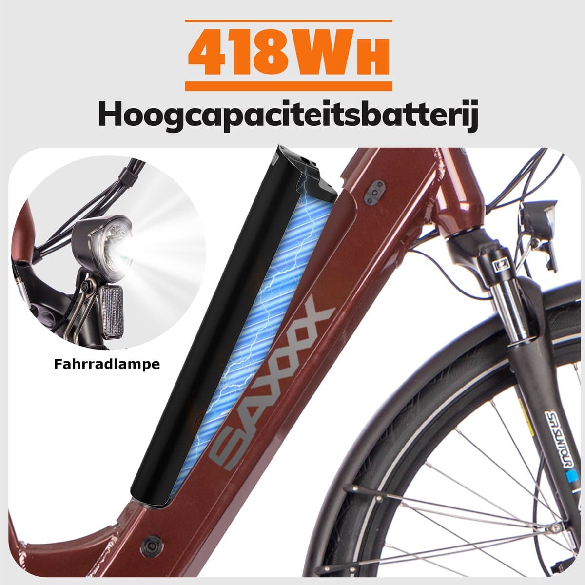 SAXXX Deluxe Sport Elektrische Fiets - 28 inch E-Bike - 250W Middenmotor - 70Nm Koppel - 418Wh Geïntegreerde Accu - Shimano Alivio 9 Versnellingen - Shimano MT200 Hydraulische Schijfremmen - glanzend bordeauxrood thumbnail 7