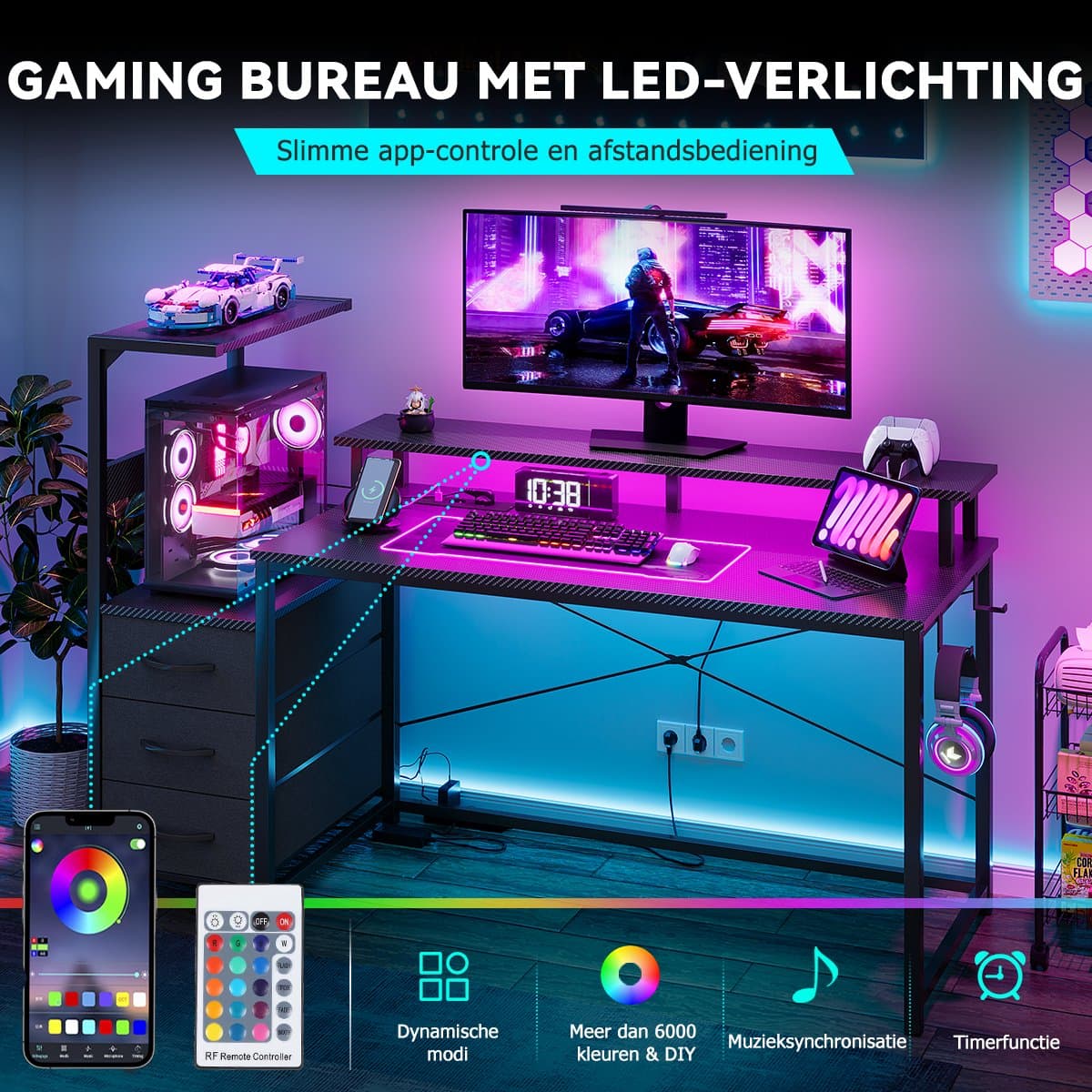 Gaming Bureau met LED Verlichting - 150L x 115H x50B cm - Hoekbureau met Stopcontact - 3 Non Woven Lade - Gaming Desk - Computer Tafel - Gaming Tafel - met Opbergplanken & IJzeren Haak - Zwart - Bureau voor Gamen, Studeren en Werken thumbnail 8