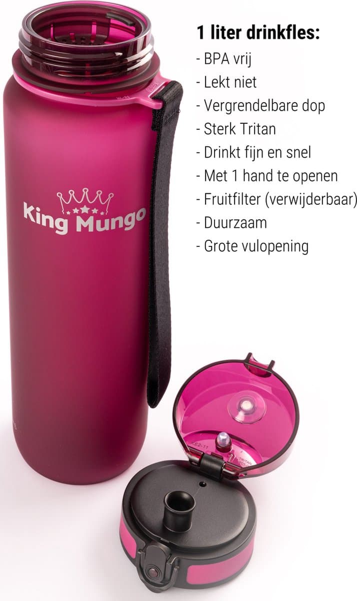 King Mungo Waterfles 1 Liter Mat Paars Rood - Drinkfles & Sport Bidon Volwassenen - 100% Lekvrij & BPA-vrij Tritan - Stijlvol Design Zonder Rietje - Drinkbus 1000ml Cadeau thumbnail 3