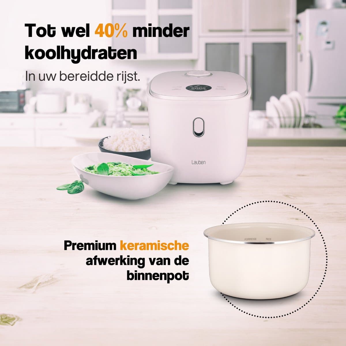 Lauben Rice Cooker - 3L- Rijstkoker - Stoomkoker - Rijstkoker met lage suikerfunctie - 605W - Wit thumbnail 2