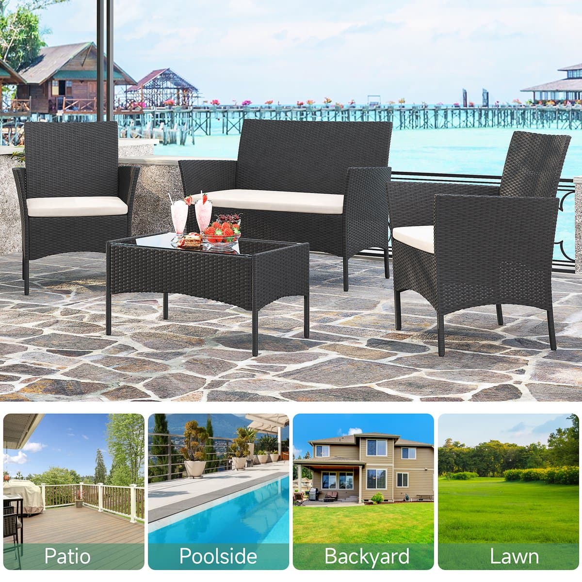 Loungesets - BIGZZIA Tuinmeubelset - 4 met - met 2 fauteuils, 1 bank en 1 tafel - Zwart thumbnail 6