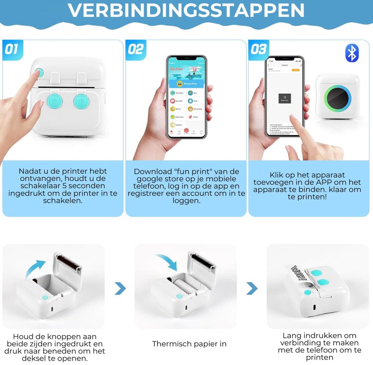 Mini Printer – Inclusief Thermisch/Zelfklevend/Etiket-Papier, USB-kabel, Aquarelpen, Transparant Sticke – Foto Printer Draadloos – Mobiele Fotoprinter - Wit thumbnail 3