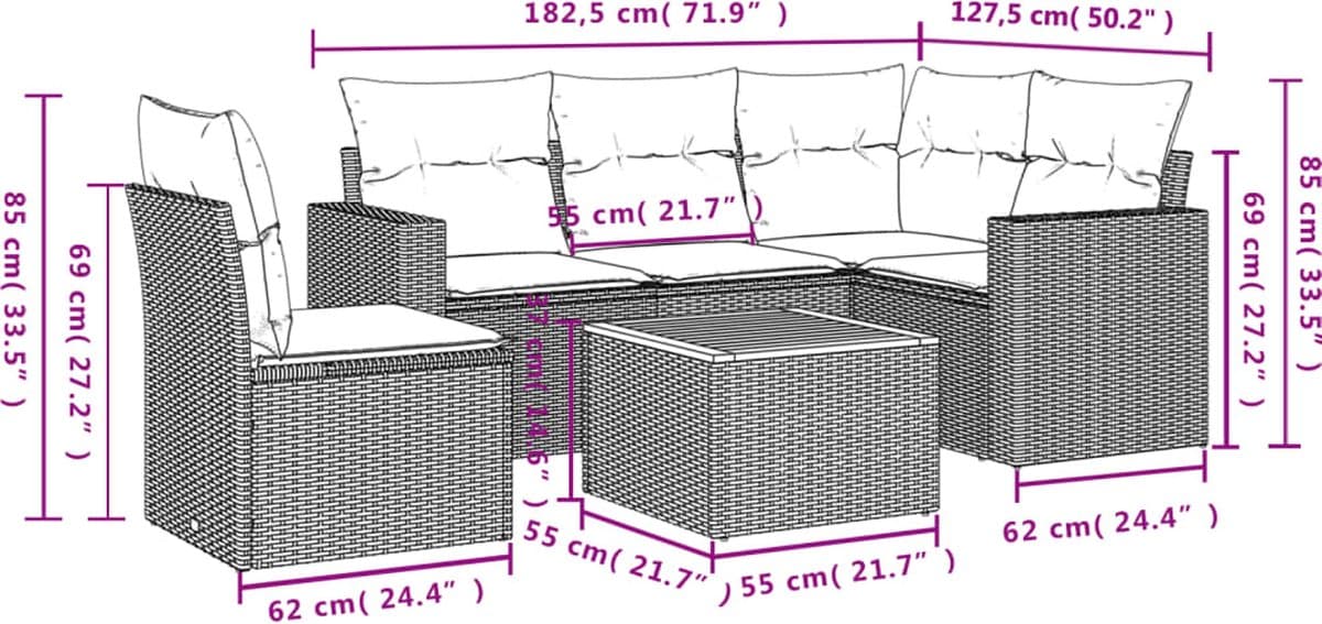vidaXL - 6-delige - Loungeset - met - kussens - poly - rattan - zwart thumbnail 6