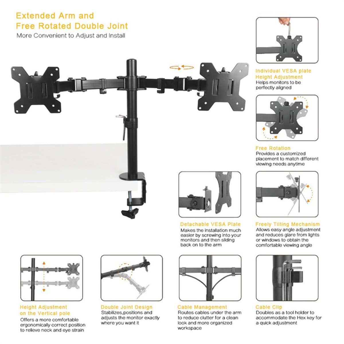 Dubbele Arm Monitorbeugel, 360° draaibaar, Verstelbare Hoogte voor 10-30 Inch Monitoren, Ergonomisch Ontwerp voor Werk en Spellen thumbnail 8
