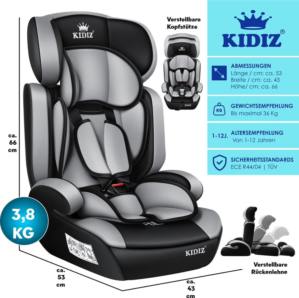 KIDIZ® kinderautostoeltje | kuip autostoeltje | 9 kg - 36 kg 1-12 jaar | groep 1/2 / 3 | universeel | goedgekeurd volgens ECE R44/04 | 6 verschillende kleuren | - Grijs thumbnail 2