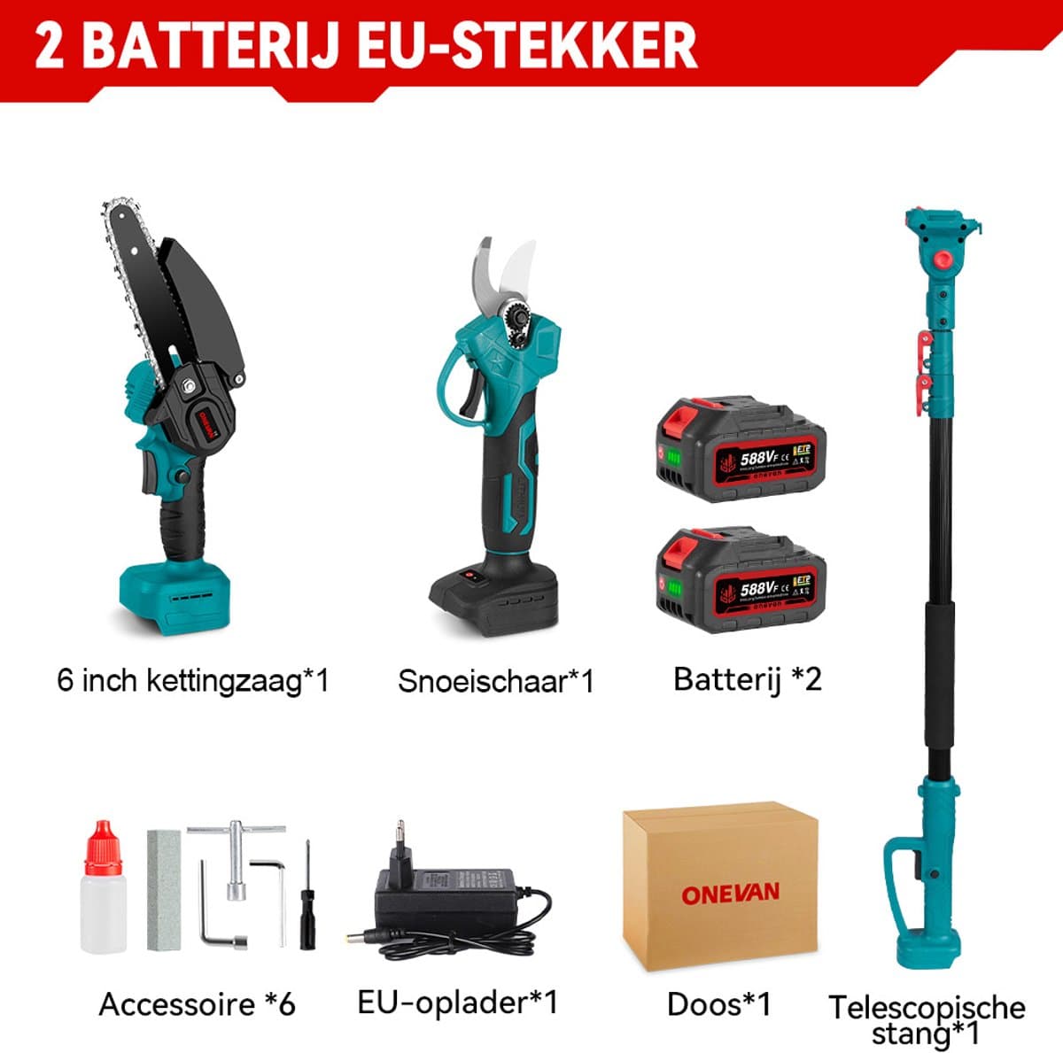 ONEVAN Accu-Hoogsnoeier - 4-in-1 Mini Kettingzaag - met 1.08 -2 m trekbare verlengstang & 2x Accu's - Elektrische Snoeischaar - Brushless Kettingzaag thumbnail 2