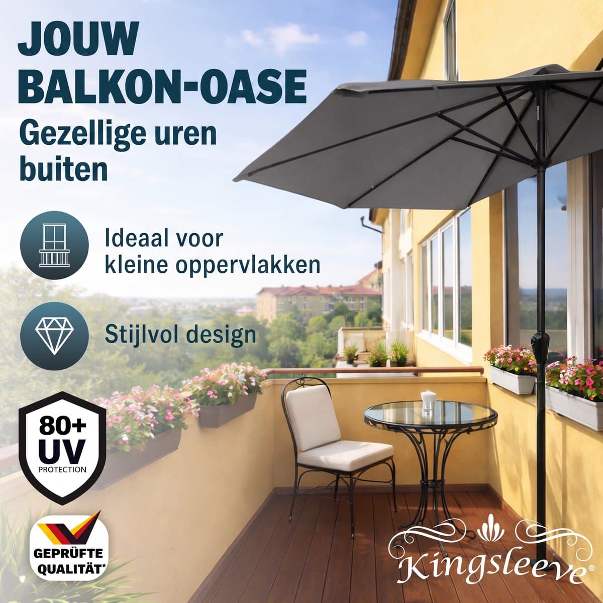 Kingsleeve Halfronde Balkonparasol – 270 cm UV50+ Antraciet thumbnail 4