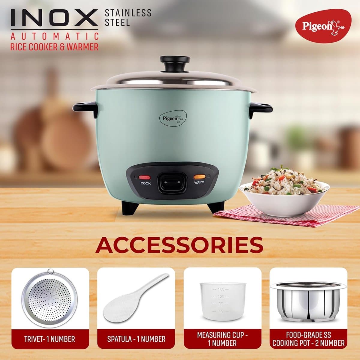 Pigeon Stainless Steel Automatic Electric Rice Cooker (Blue) (1L) thumbnail 5