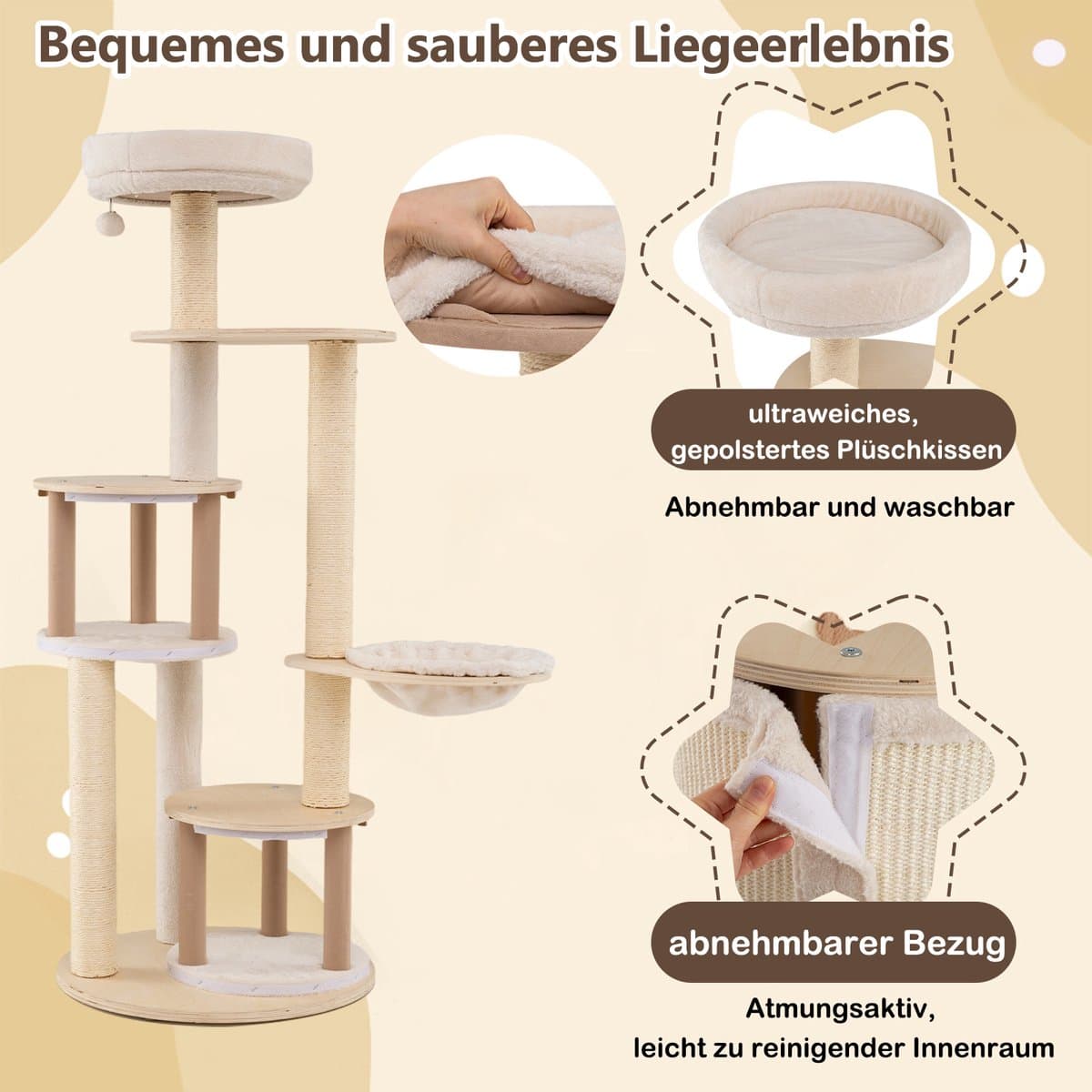 COSTWAY Krabpaal groot, kattenboom met 2 kattenholletjes, mand, sisal-krabpalen, speelbal & platform, kattenkrabpaal katten, kattenmeubel, klimboom, activiteitsboom, hout, natuur, 152 cm hoog thumbnail 3