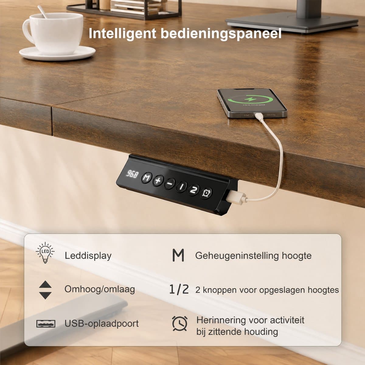 Devoko Zit-Sta Bureau 140x60 cm - Elektrisch Verstelbaar Bureau - Digitaal Display - Zit-Alarm - 2 Geheugenstanden - Bruin thumbnail 8