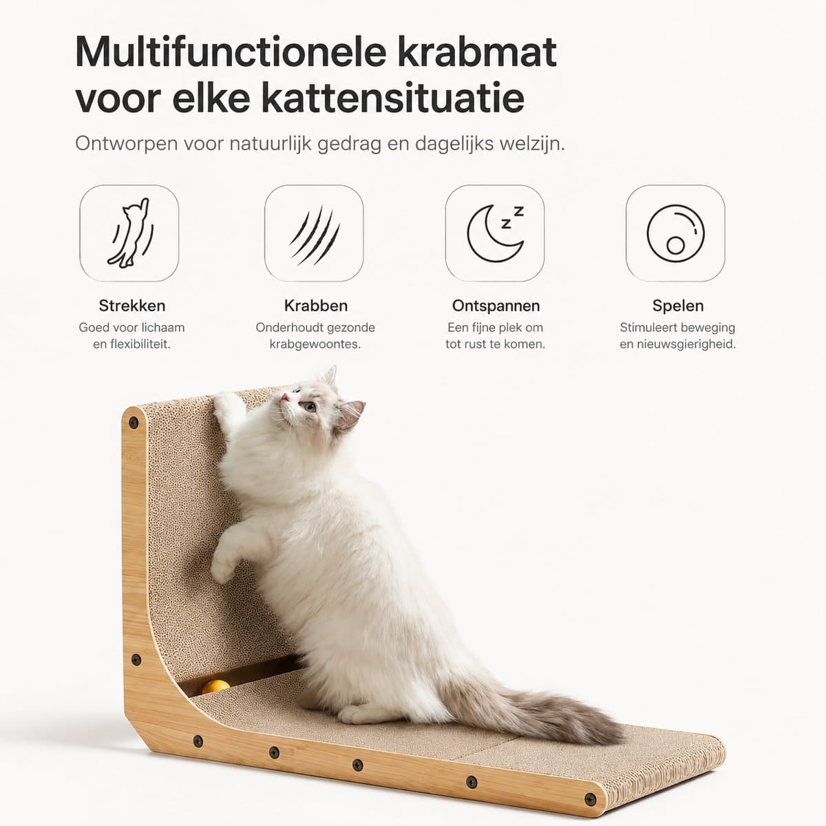 BOTC Kattenkrabber - 68 cm L-vorm - Kattenkrabmat voor aan de muur - Kattenkrabkarton met bal - Groot formaat thumbnail 4