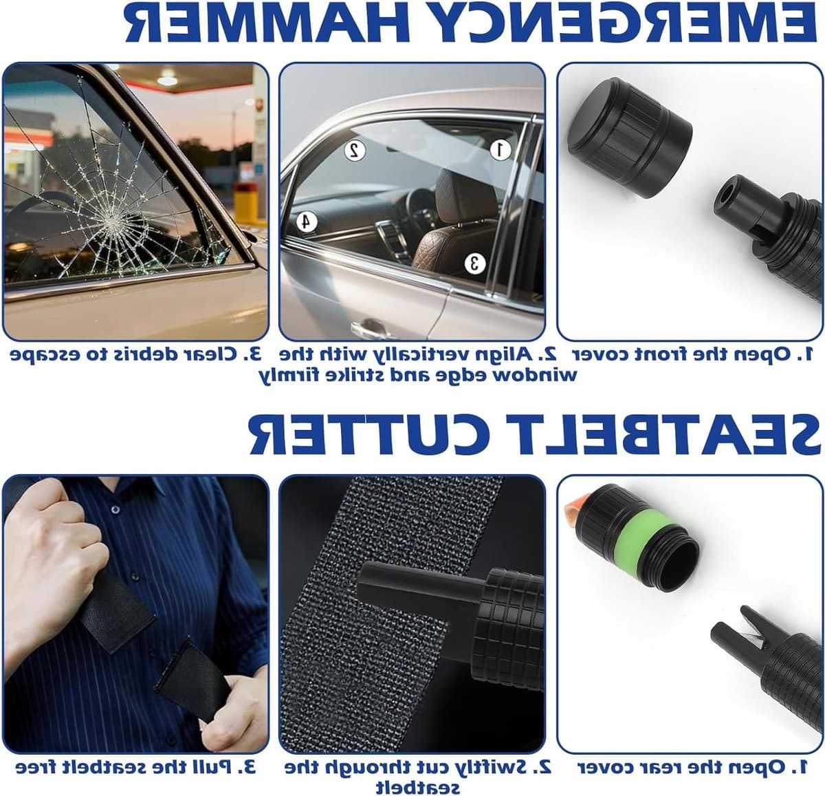 Noodhamer met Gordelsnijder en Glasbreker, Veiligheidsapparaat voor Auto met Lichtring en Testglas, Ideaal voor Noodsituaties en Ongevallen thumbnail 7