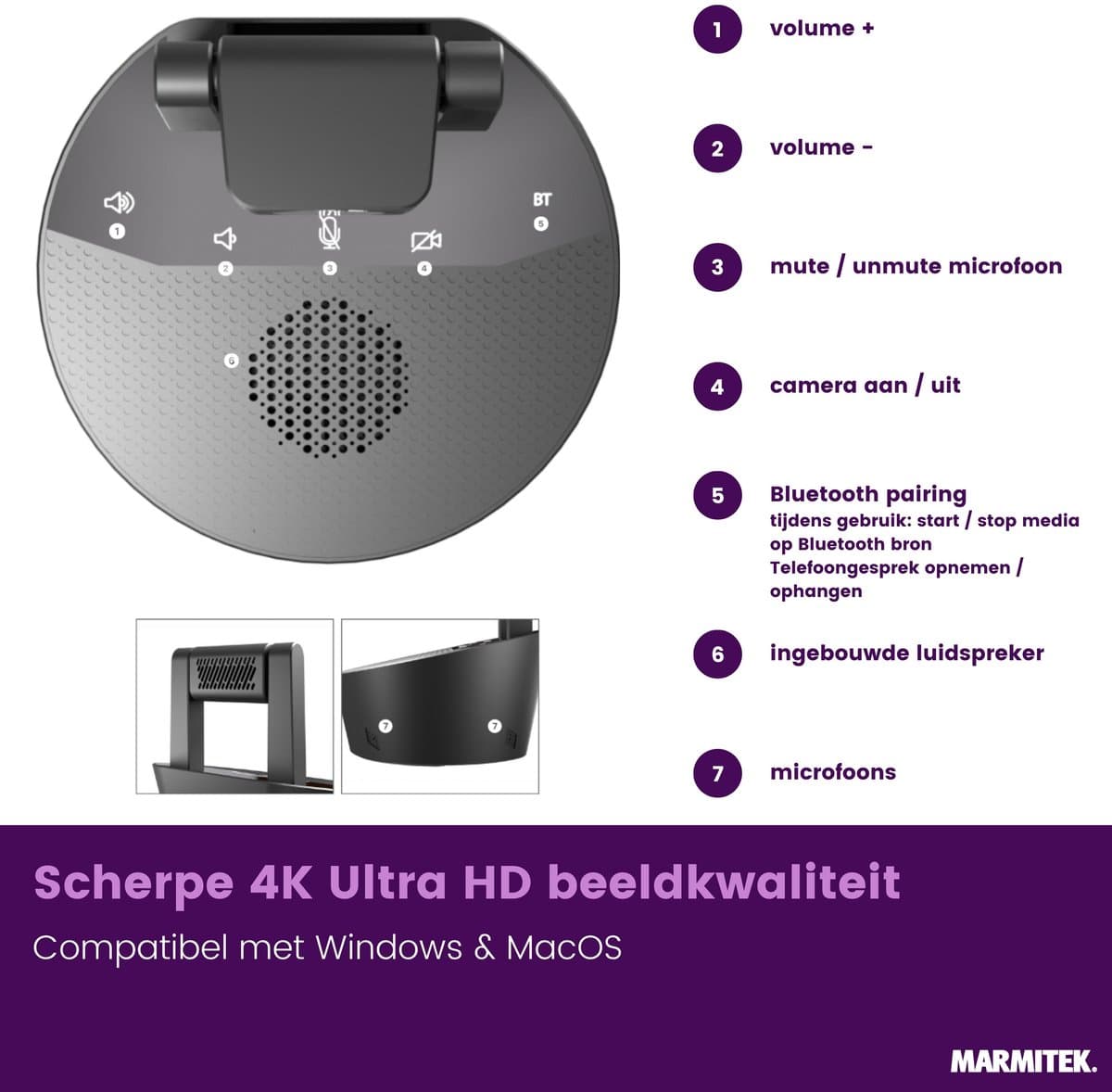 Marmitek Cam 4K Pro – conference camera 4K met groothoeklens, speakerphone, Bluetooth & USB-C - Webcam thumbnail 6