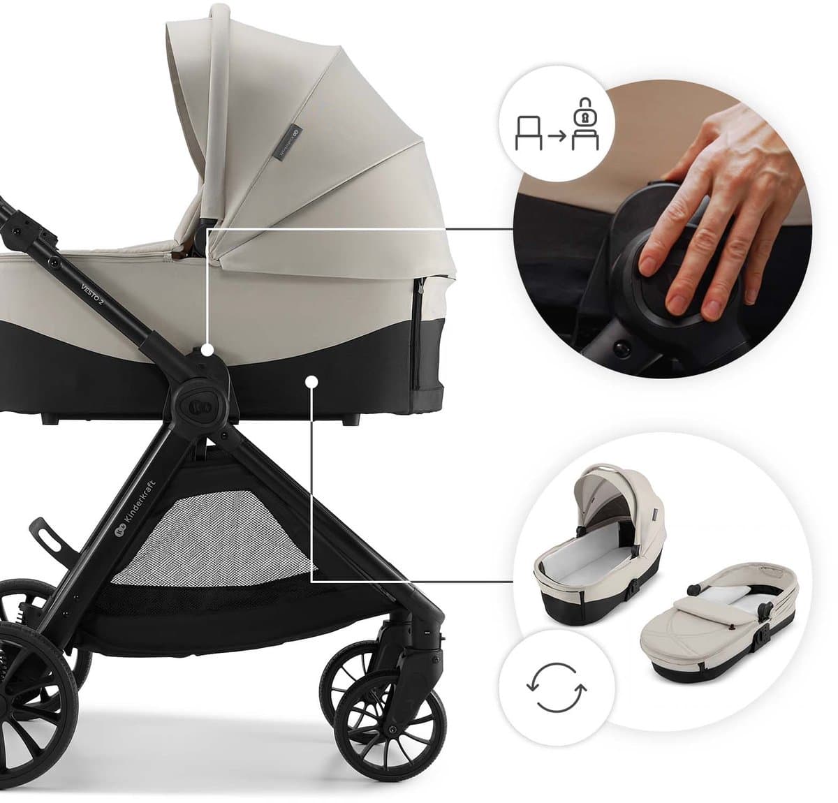 Kinderkraft VESTO 2 – 3-in-1 kinderwagen – Accessoireset + adapters – Reiswieg 3-zone ventilatie – Omkeerbare zitting – Beige thumbnail 8