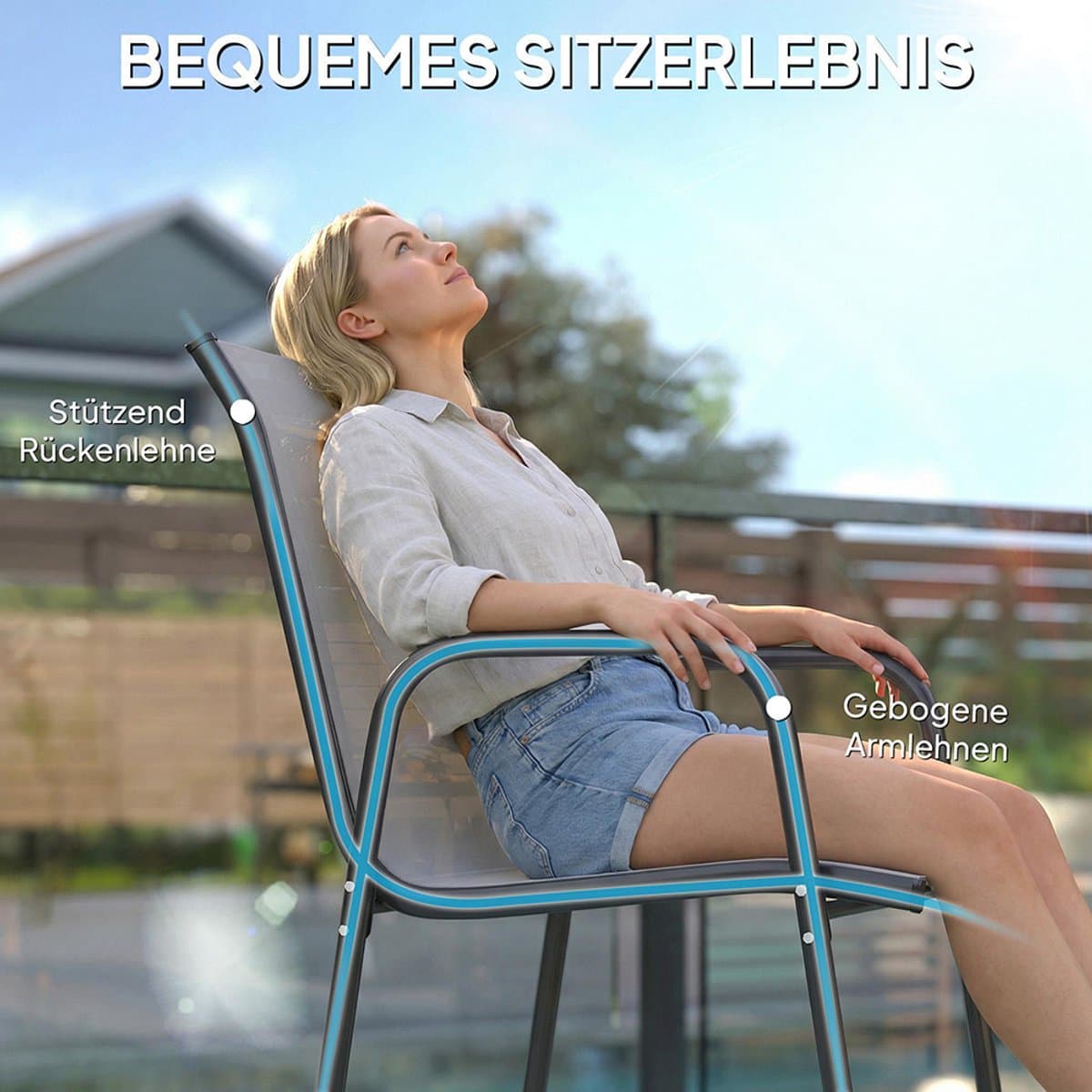 Pugsdrly Tuinstoelen, set van 4 stapelbare terrasstoelen met ademende rugleuning, armleuningen, draagvermogen 120 kg thumbnail 6
