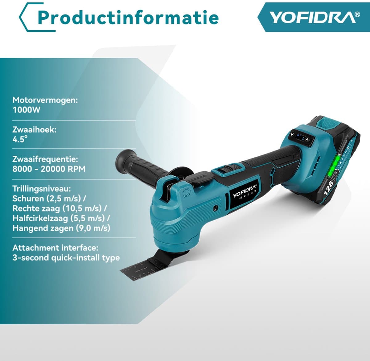 Yofidra Accu Multitool - Borstelloze Multifunctioneel - 8000–20000 tpm - met 2x Accu's & 22x Accessoires - voor verwijderen, schrapen en zagen thumbnail 4