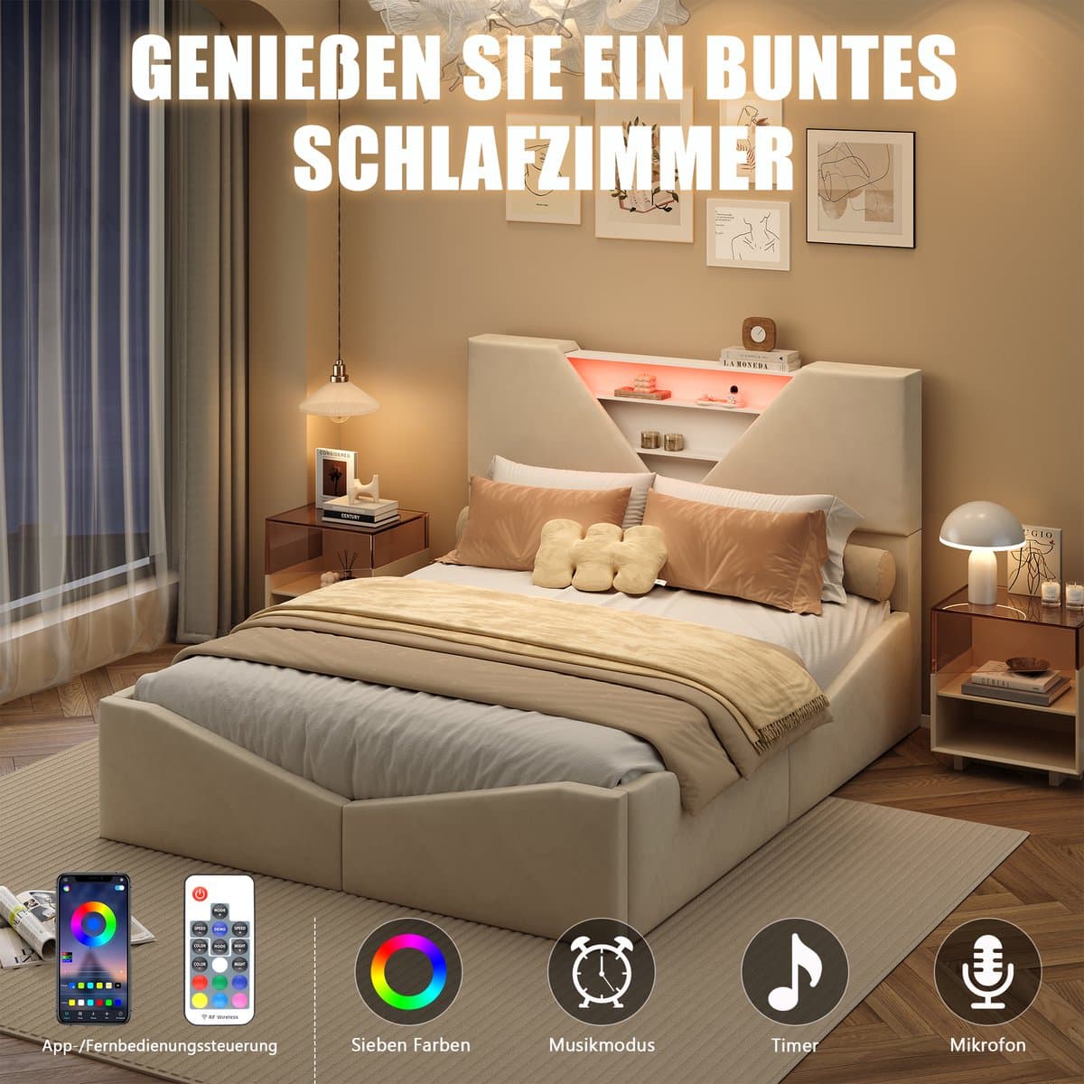 Gestoffeerd Bedframe 160x200 cm met Opbergruimte en LED - Fluweel Crèmekleurig incl. Lattenbodem thumbnail 5