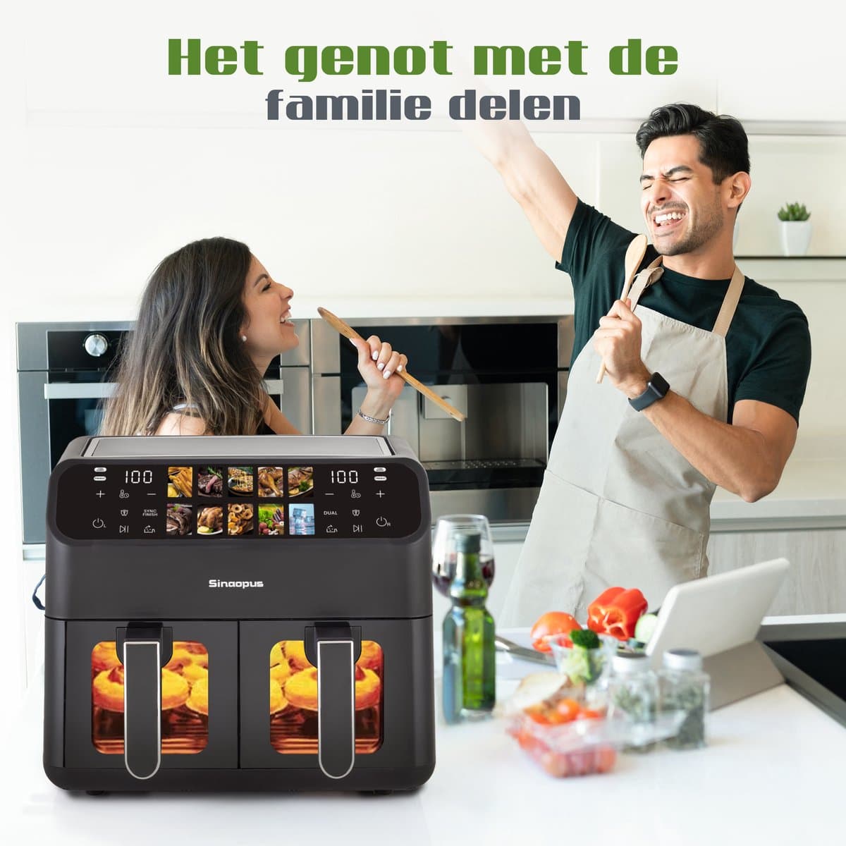 Dubbele Airfryer 901A XXL 10L - Digitale Airfryer 2×5L - 2000W - 10 Programma’s - Smart Finish & Match Cook - 80–200°C Instelbaar - Makkelijk te Reinigen – Capaciteit voor 5 Personen thumbnail 4