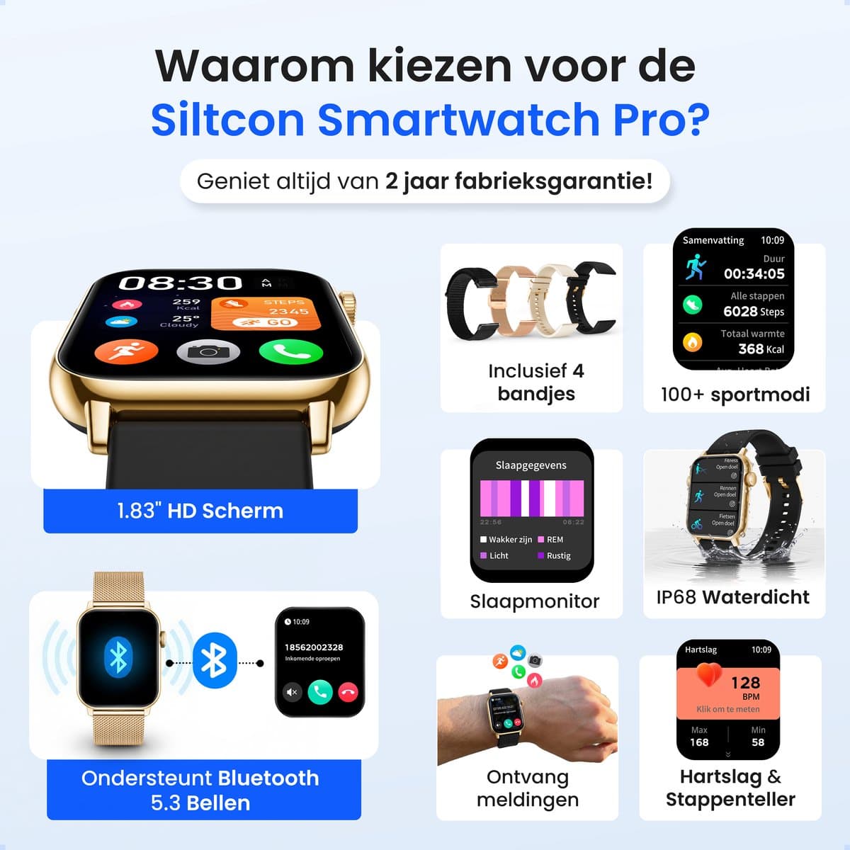 Siltcon® Smartwatch Dames Pro - Smartwatch Heren Pro - Sporthorloge Dames & Heren - Stappenteller Horloge - Hartslagmeter – Bloeddrukmeter - Slaapmonitor - Saturatiemeter - Belfunctie - Elke Smartphone - RVS - Incl. 4 Bandjes - Goud thumbnail 2