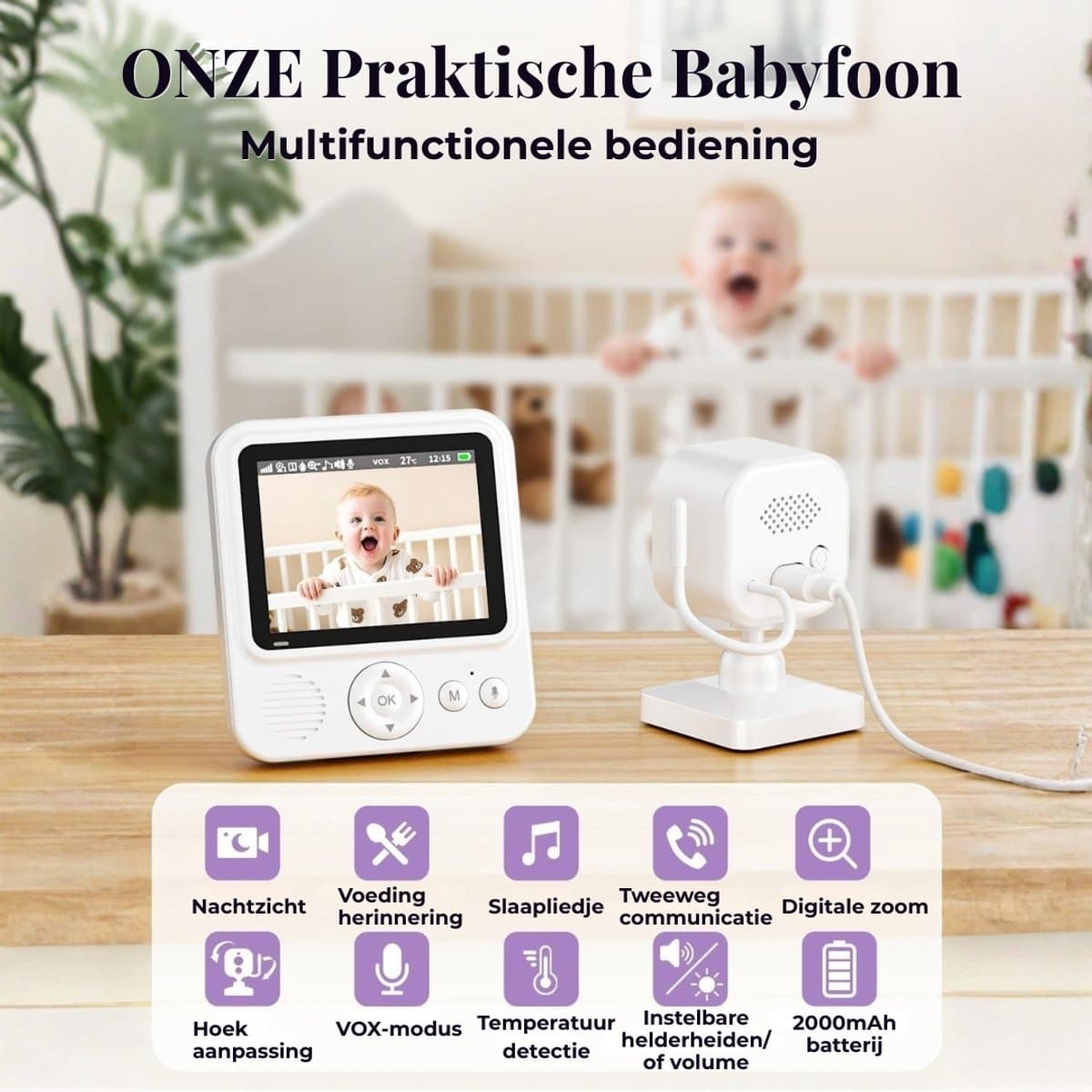 Babyfoon met camera 720p IPS-video, babyfoon zonder wifi, 2000mAh-batterij, VOX-modus, nachtzicht, temperatuuralarm, intercomfunctie, digitale zoom, 8 slaapliedjes en 5 wekkers. thumbnail 4