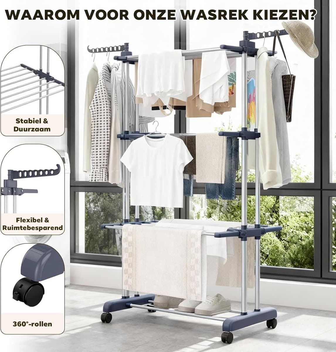Wasrek Toren - Droogrek Vloer - Kleding Drogen - 4 Lagen Stabiliteit - 76x50x172cm - Grijs thumbnail 8