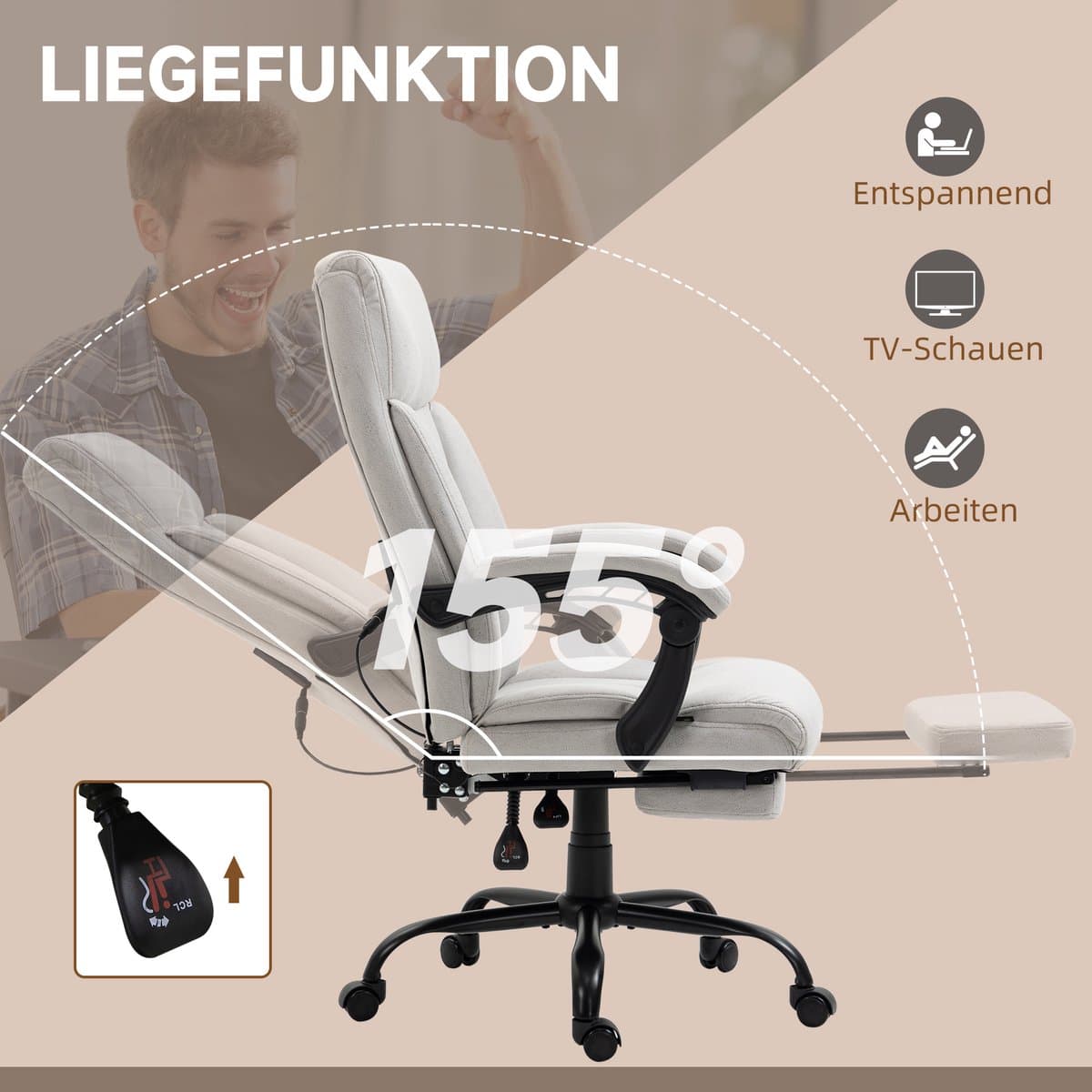 MIVRAY Bureaustoel Met Massagefunctie En Lendenverwarming - Ergonomische Relaxstoel Voor Bureau En Thuiswerk - Lichtgrijs - Polyester thumbnail 4