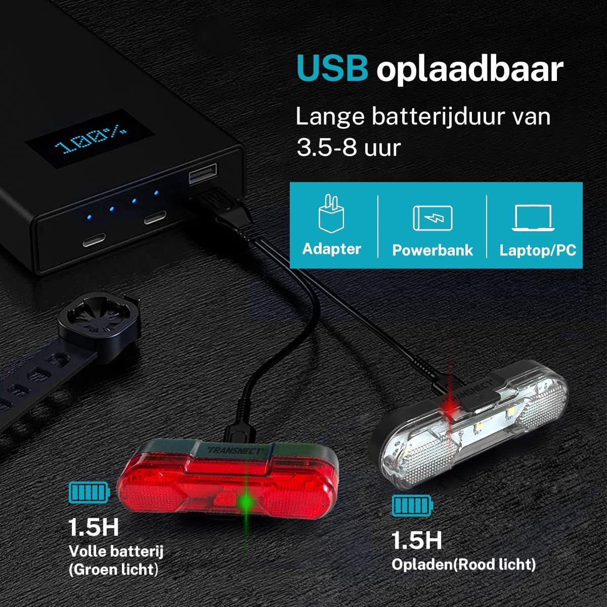 TRANSNECT® - Fietsverlichting LED set - Fietslampjes voor en achter licht - 6 lichtstanden - USB oplaadbaar - Draagbaar - Waterdicht thumbnail 2