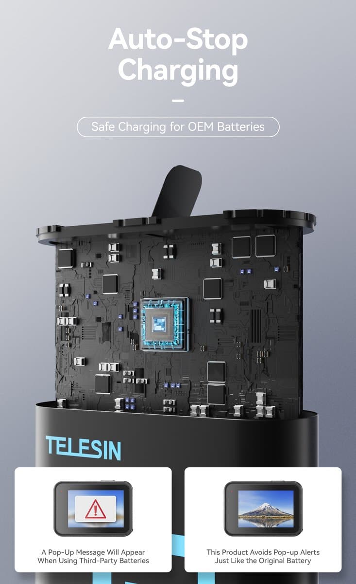 Telesin Battery Charger Box + 2x accu voor GoPro Hero 13 - Laadt 3 Accu's Tegelijk op - Opbergdoos voor Accu's en 2 MicroSD Kaarten thumbnail 8