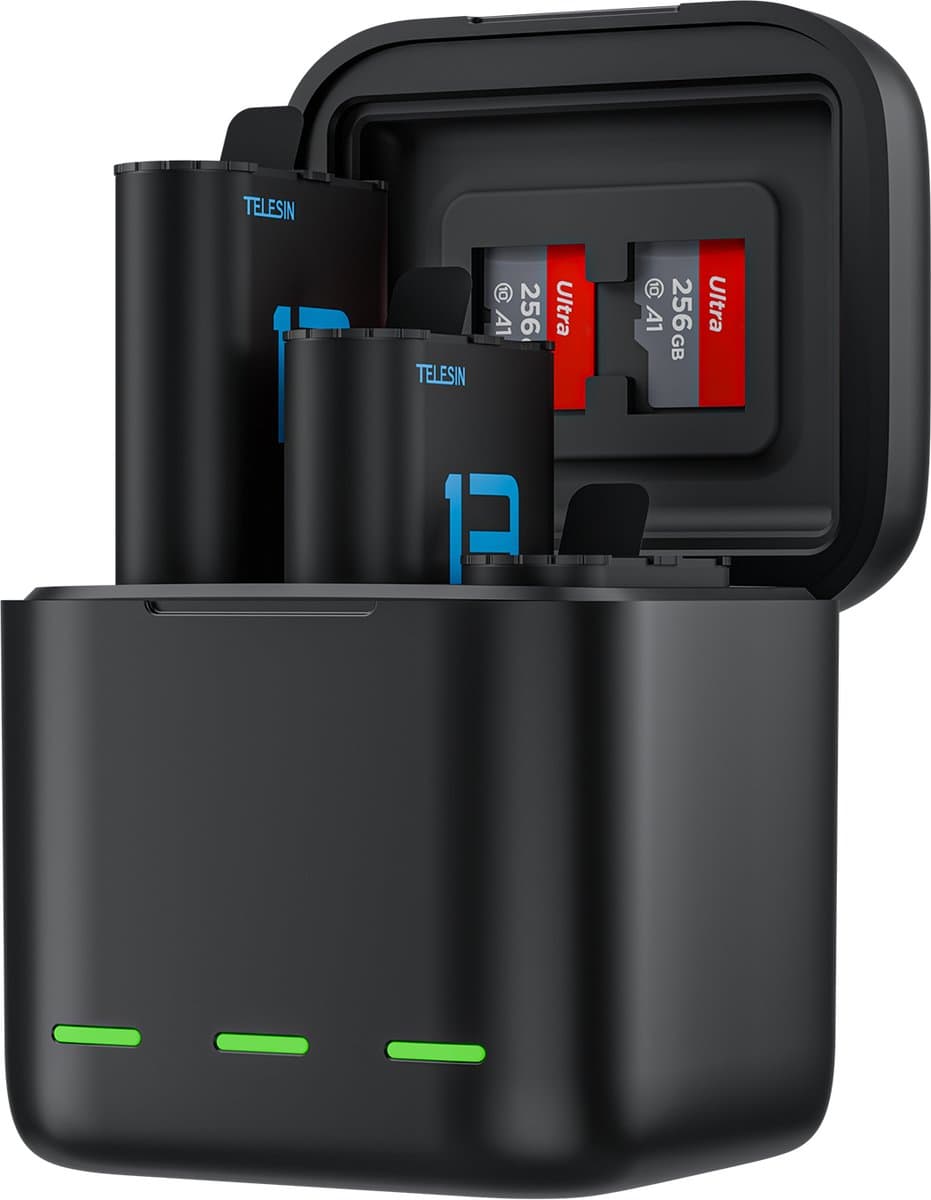 Telesin Battery Charger Box + 2x accu voor GoPro Hero 13 - Laadt 3 Accu's Tegelijk op - Opbergdoos voor Accu's en 2 MicroSD Kaarten