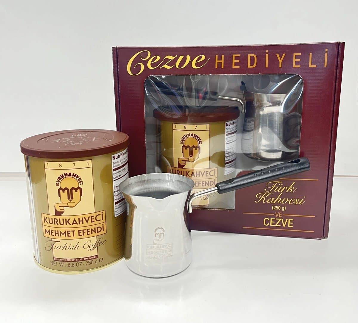 250 g Kurukahveci Mehmet Efendi Turkse Koffie + Cadeaupakket met Cezve - 250 gr Kurukahveci Mehmet Efendi Türk Kahvesi + Cezveli Hediye paketi - 250 g Kurukahveci Mehmet Efendi Turkish Coffee + Gift package with Cezve thumbnail 5