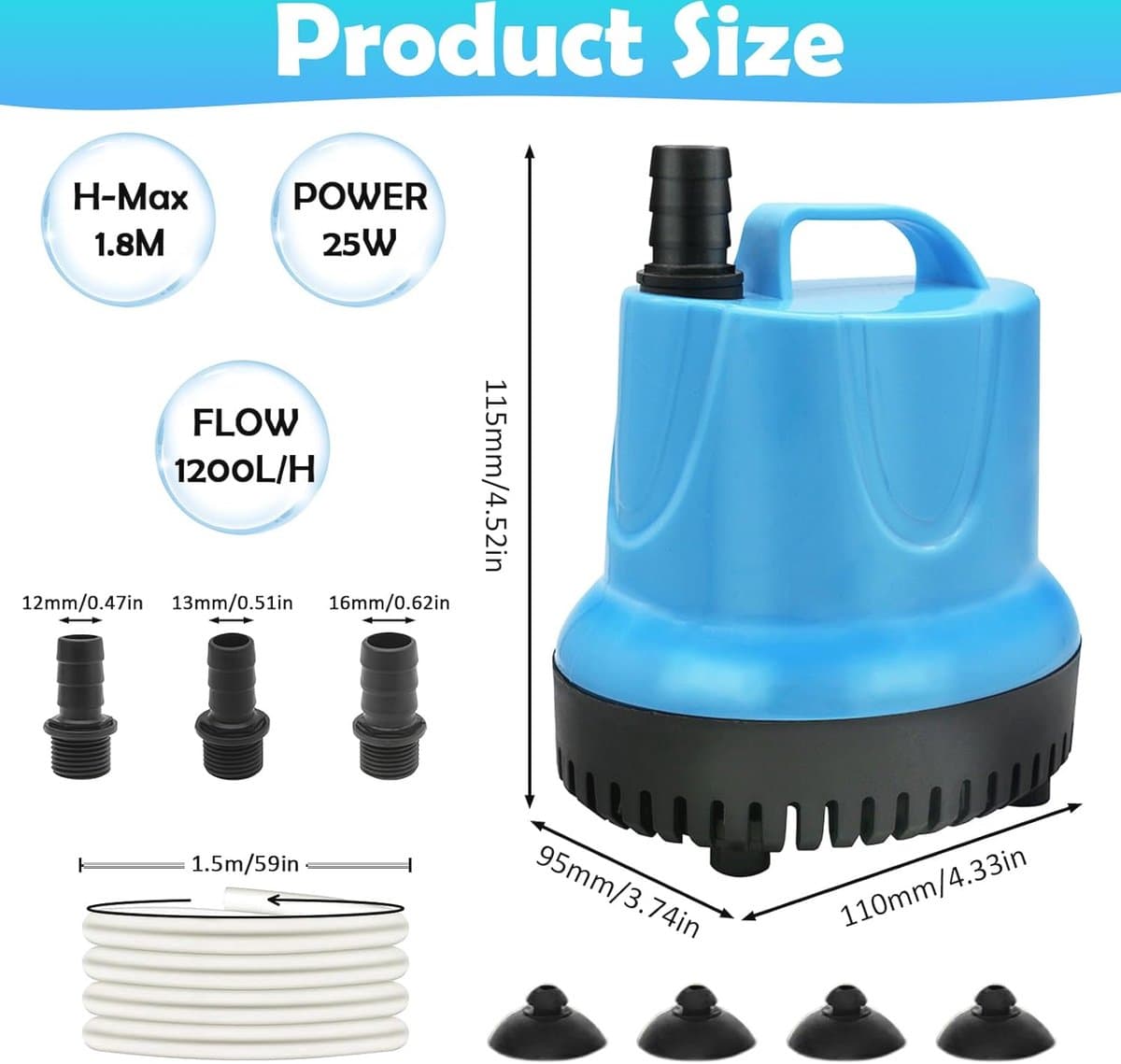 Kleine Dompelpomp 20W - Ultra Stille Waterpomp voor Aquarium, Vijver en Tuin - Inclusief Sproeiers en Slang thumbnail 2