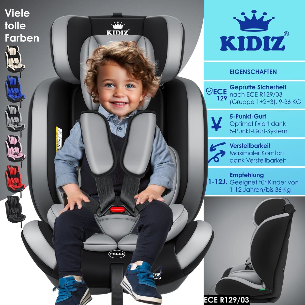 KIDIZ® kinderautostoeltje | kuip autostoeltje | 9 kg - 36 kg 1-12 jaar | groep 1/2 / 3 | universeel | goedgekeurd volgens ECE R44/04 | 6 verschillende kleuren | - Grijs thumbnail 7