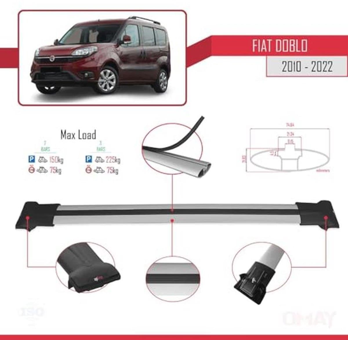 Dakdrager voor Fiat Doblo 2 (2010-2022) - Aluminium Spoorstaven voor Fietsen, Ski's en Dakkoffers thumbnail 4