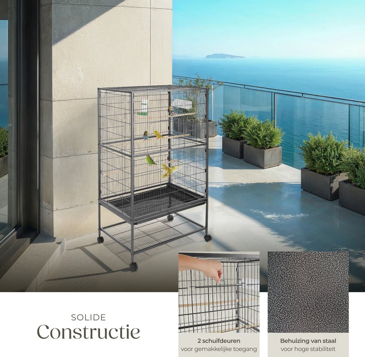tectake® Vogelkooi - 78 x 52 x 131 cm - Vogelkooien voor Binnen - Met Standaard op Wielen - Voor Vogels, Parkiet, Kanarie - Volière met 3 Zitstokken, Zandlade en Waterbak thumbnail 8