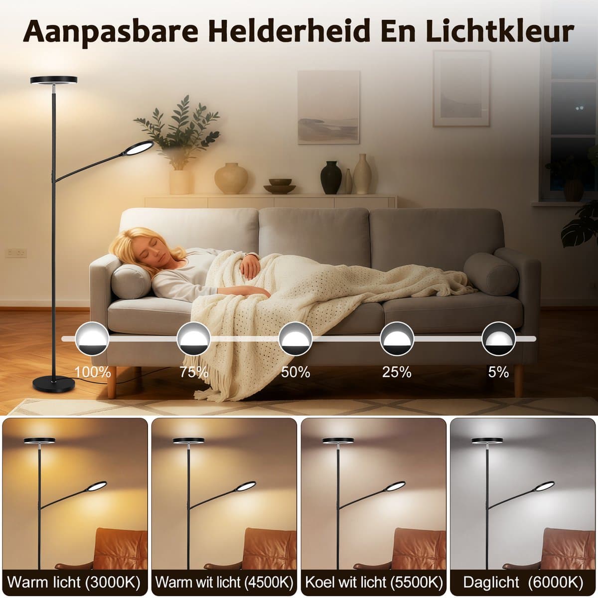 Lopoleis® LED Vloerlamp Woonkamer, slaapkamer, bureaulamp – Vloerlamp Dimbaar en Kantelbaar – Met afstandsbediening – Staande LED-lamp – Minimalistische Staande Lamp – 3000-6000K thumbnail 3