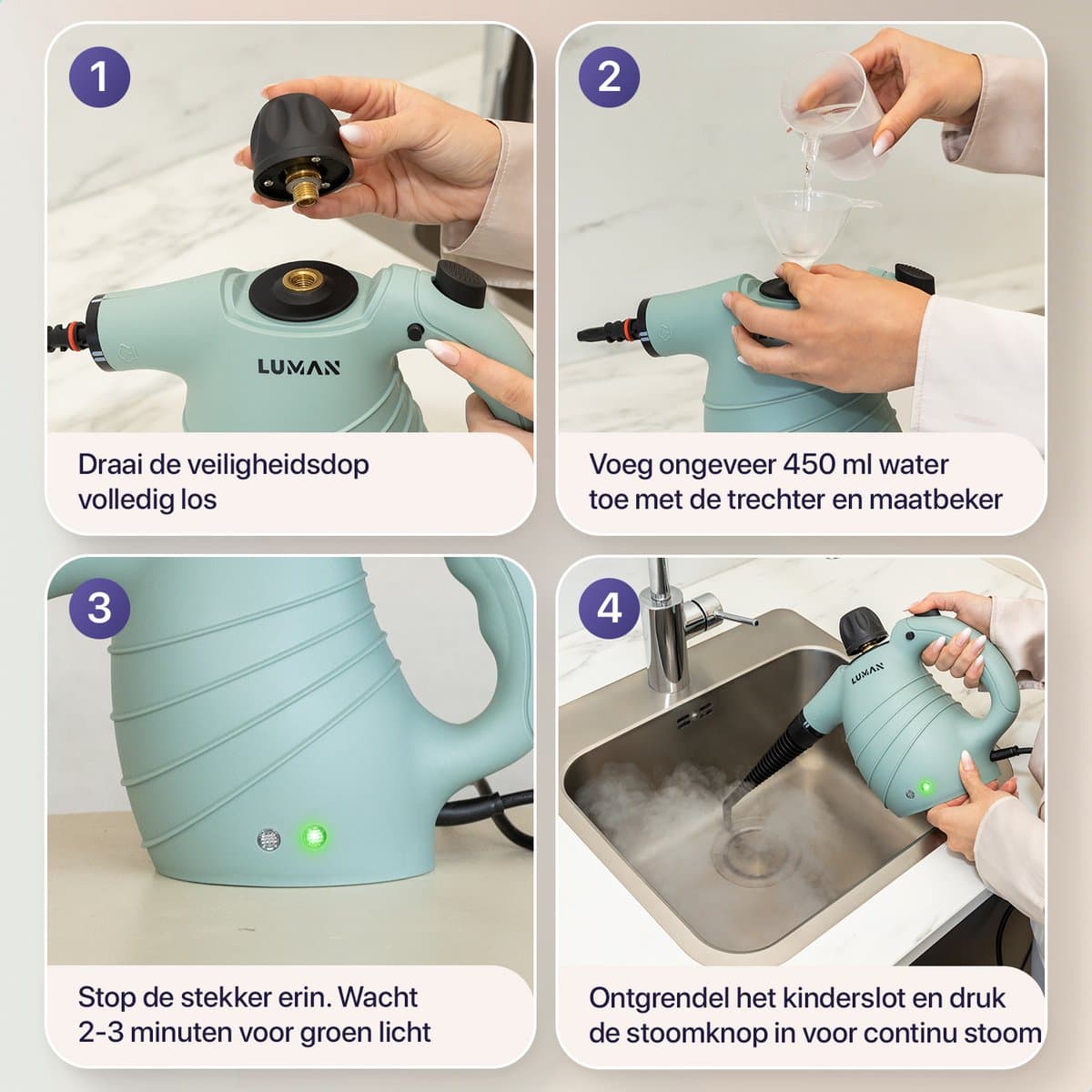 LUMAN 16 in 1 Stoomreiniger C1 - Handstoomreiniger - Handstomer - Vlekkenreiniger - Tapijtreiniger - Incl. Opbergtas en 16 Opzetstukken - 1050 Watt - 450 ML - Groen thumbnail 8