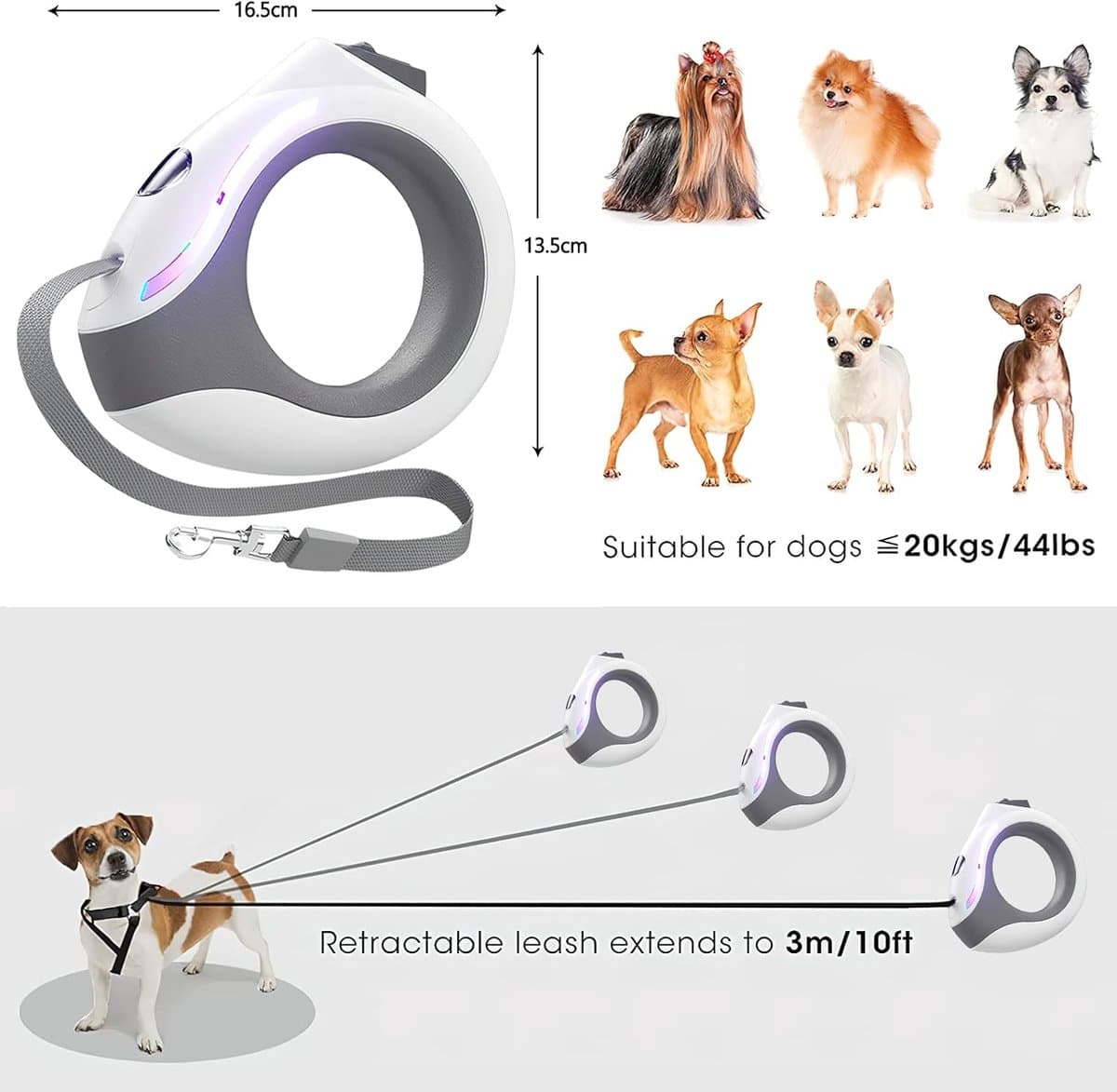 Sander Shop Intrekbare hondenlijn, 3m uitschuifbare hondenriem met led-zaklamp, rem met één knop en slot, uitschuifbare hondenriem voor honden tot 20 kg (groen) thumbnail 7