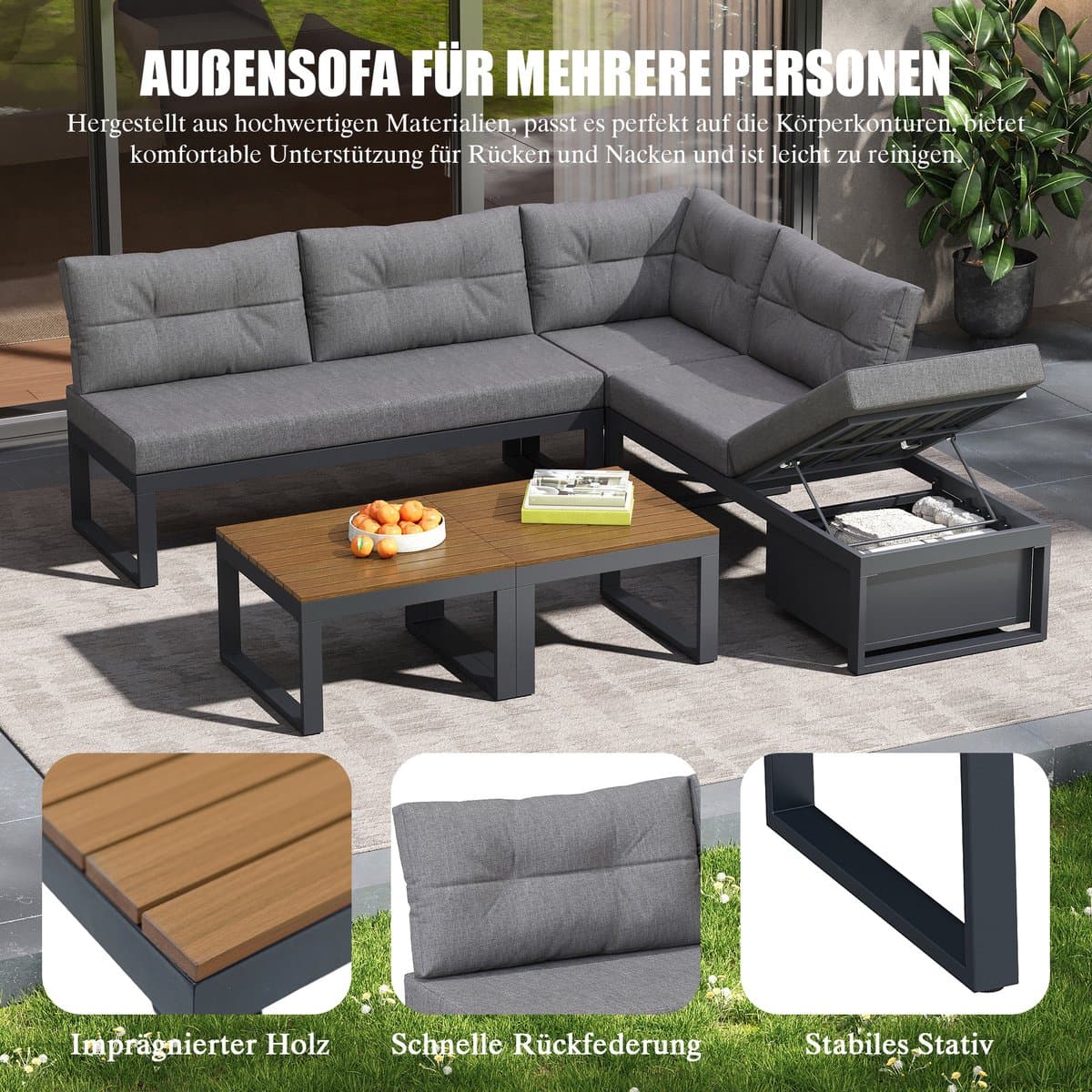Sweiko Tuin loungeset - Hoekbank + salontafel - Verstelbare rugleuning - Met kussens - Opbergruimte - Grijs thumbnail 3