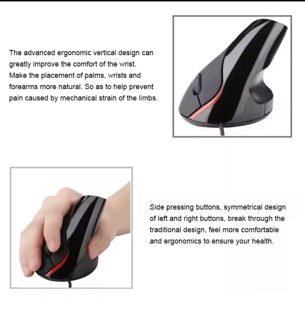Verticale Ergonomische Muis – USB – 1600 DPI – 5 Knoppen – Anti Polsbelasting – Comfort Office Muis – Zwart thumbnail 3