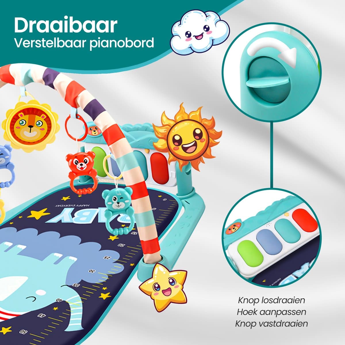 Velox Goods VL-504 Baby Gym met Fitness Piano – Speelkleed voor Baby's vanaf 3 Maanden – Educatief Activiteitencentrum met Muziek, Licht en Verwijderbare Speeltjes – Stimuleert Motorische Ontwikkeling – Blauw thumbnail 8