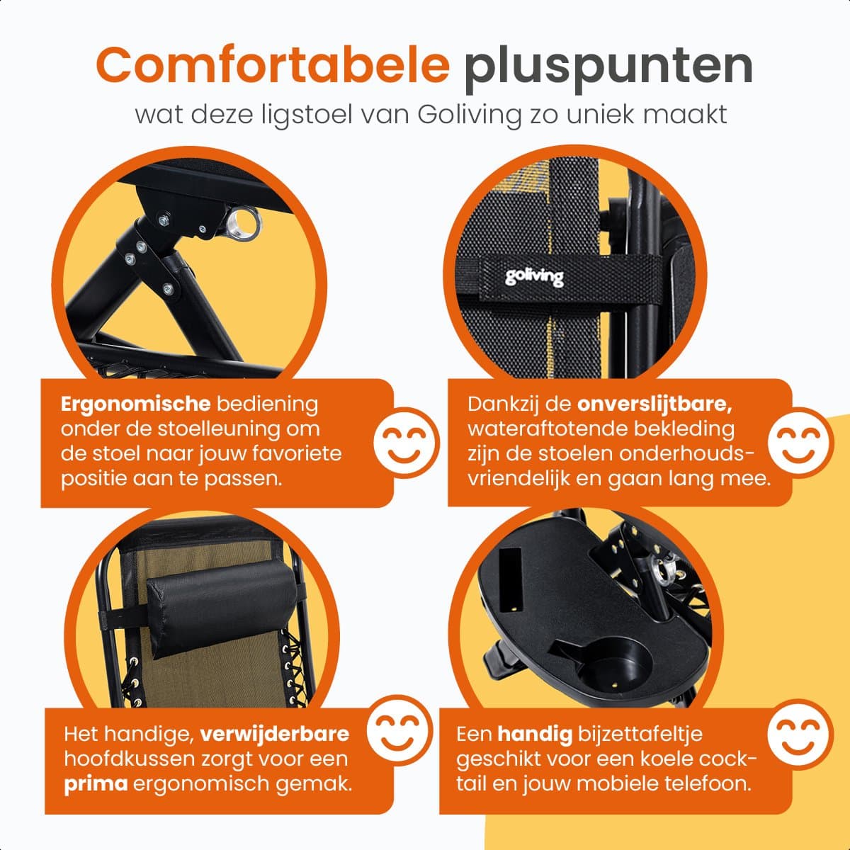 Goliving Opvouwbare Ligstoel - 3 Standen - 110 x 66 x 178 cm - Verstelbare Tuinstoel met Tafel - Inklapbare Campingstoel - Loungestoel Buiten - Vouwstoel Tuin - Zwart thumbnail 6