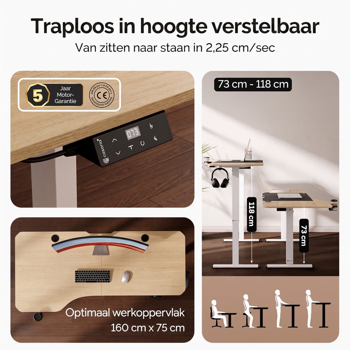 Casaria Elektrisch Zit-Sta Bureau 160x75 cm Verstelbaar Beige thumbnail 2