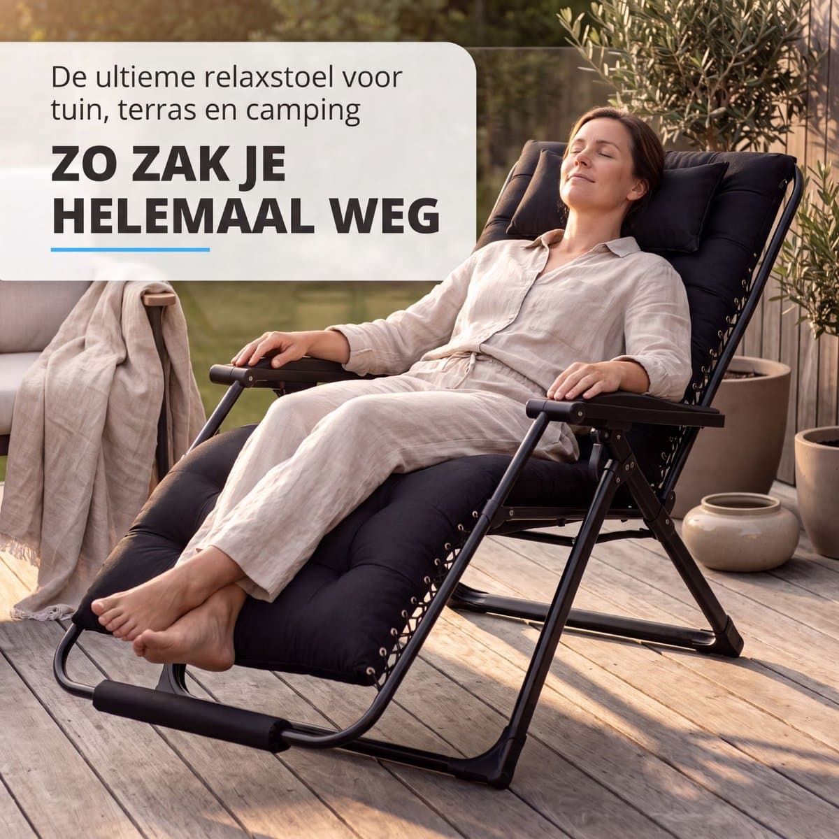 FlinQ 2x XL Relax Tuinstoelen Cloud Comfort Deluxe - Verstelbare Zero Gravity Relaxstoel - Extra breed - Extra dikke kussens - Hoofdkussen & Bekerhouder/Tafeltje - Ligstoel - Tuinmeubelen - Ideale Campingstoel - Ook voor Tuin of Balkon thumbnail 7