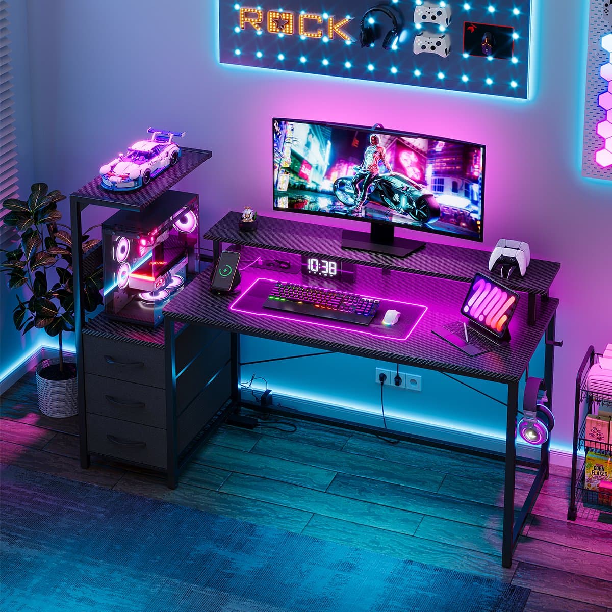 Gaming Bureau met LED Verlichting - 150L x 115H x50B cm - Hoekbureau met Stopcontact - 3 Non Woven Lade - Gaming Desk - Computer Tafel - Gaming Tafel - met Opbergplanken & IJzeren Haak - Zwart - Bureau voor Gamen, Studeren en Werken thumbnail 4