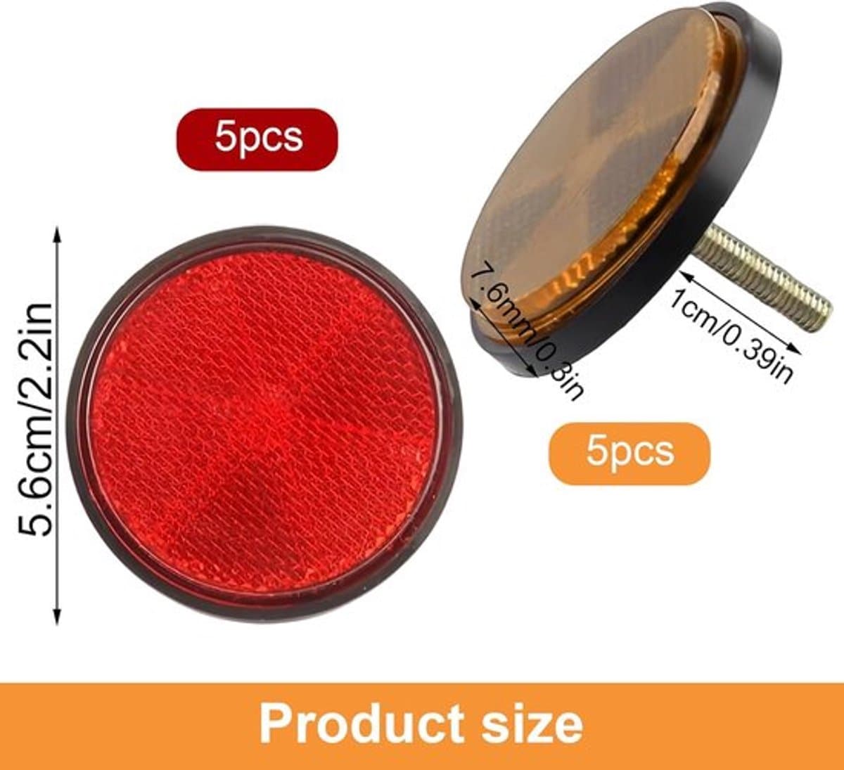 Set van 10 kattenoogreflectoren, 56 mm ronde reflectoren, duurzame fietsreflectoren in kattenoog-stijl, reflectoren met schroefbevestiging, rood en oranje, voor auto's, fietsen en motorfietsen thumbnail 7
